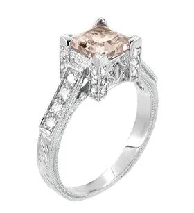 Art Deco 1 Carat Princess Cut Morganite and Diamond Platinum Engagement Ring