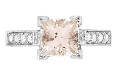 Art Deco 1 Carat Princess Cut Morganite and Diamond Platinum Engagement Ring