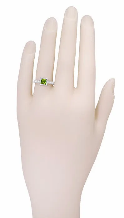 Art Deco 1 Carat Princess Cut Peridot and Diamond Engagement Ring in 18 Karat White Gold