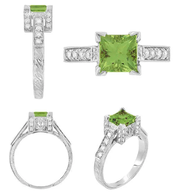 Art Deco 1 Carat Princess Cut Peridot and Diamond Engagement Ring in 18 Karat White Gold