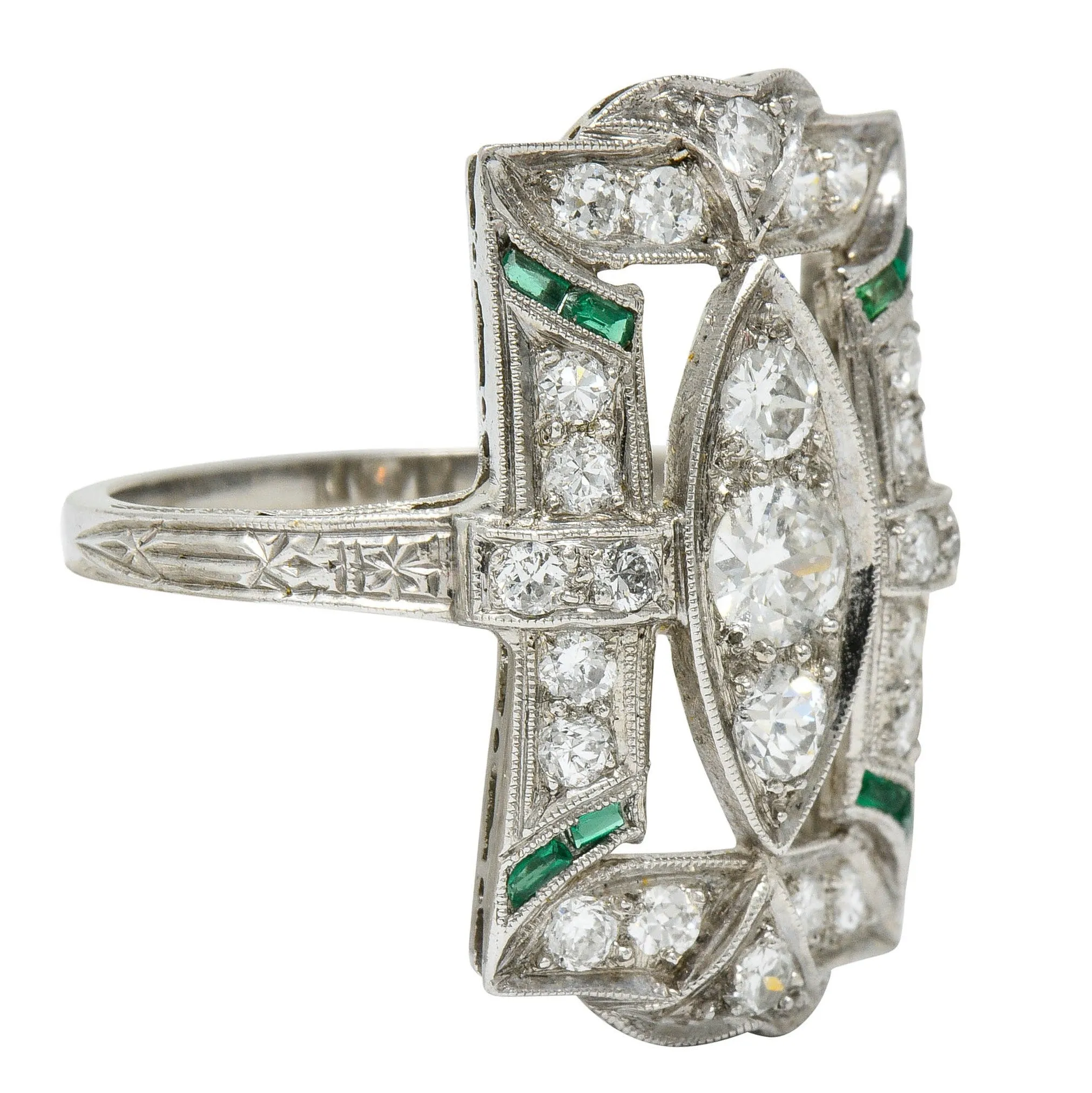 Art Deco 1.15 CTW Diamond Emerald Platinum Dinner Ring