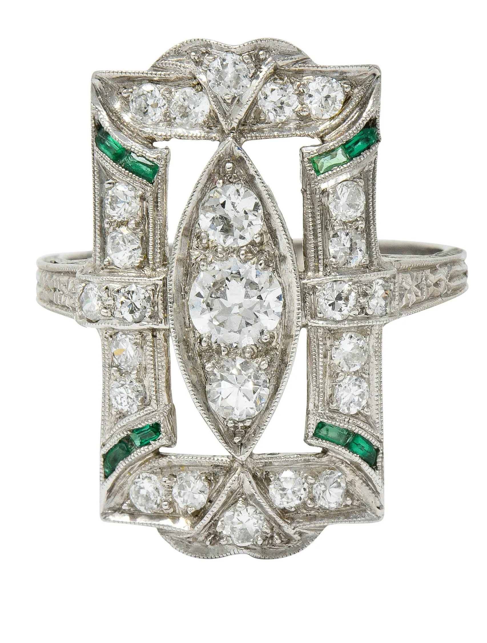 Art Deco 1.15 CTW Diamond Emerald Platinum Dinner Ring