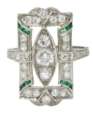 Art Deco 1.15 CTW Diamond Emerald Platinum Dinner Ring