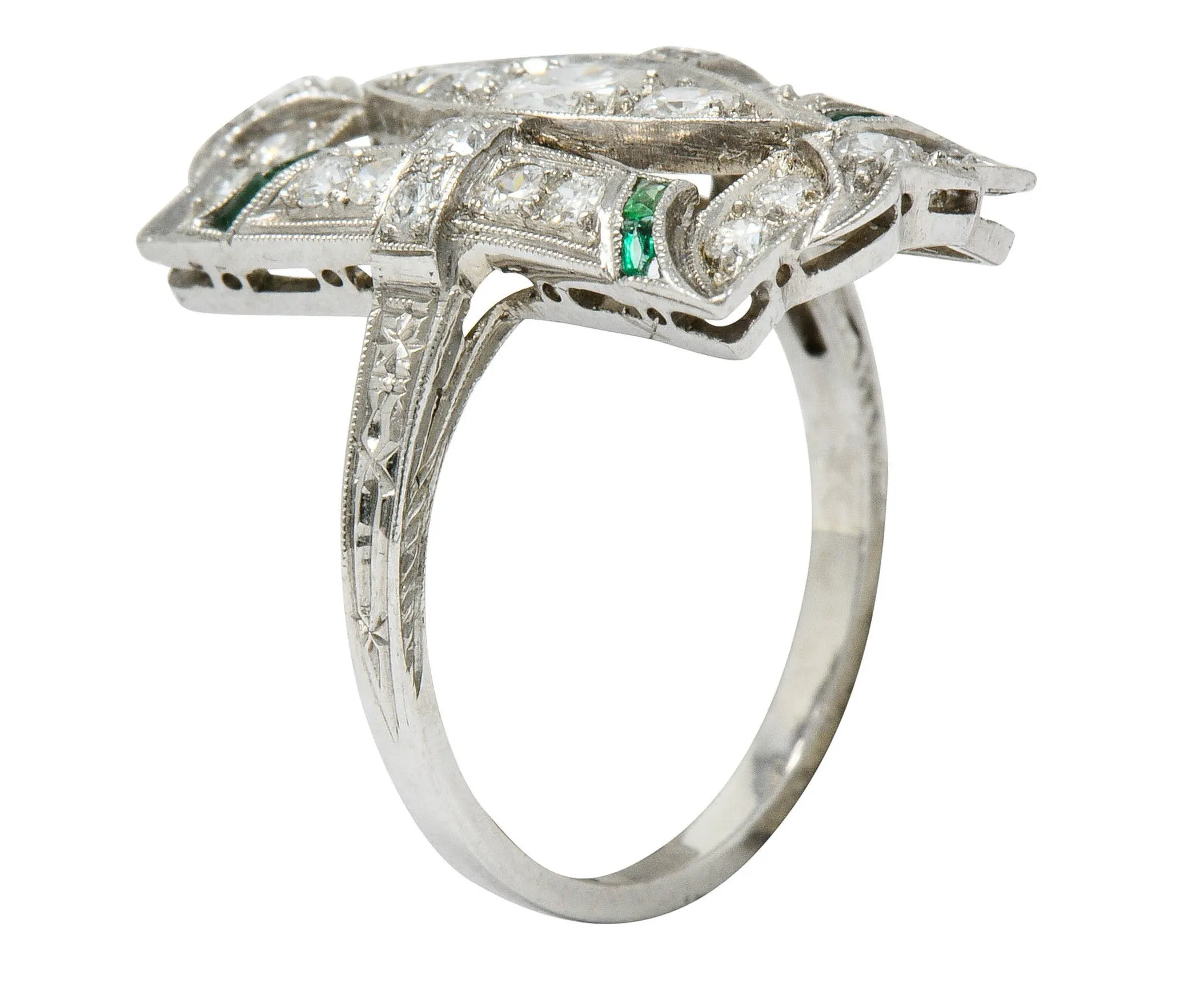 Art Deco 1.15 CTW Diamond Emerald Platinum Dinner Ring