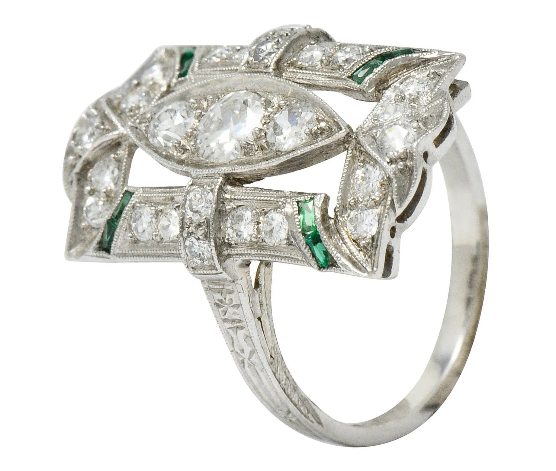 Art Deco 1.15 CTW Diamond Emerald Platinum Dinner Ring