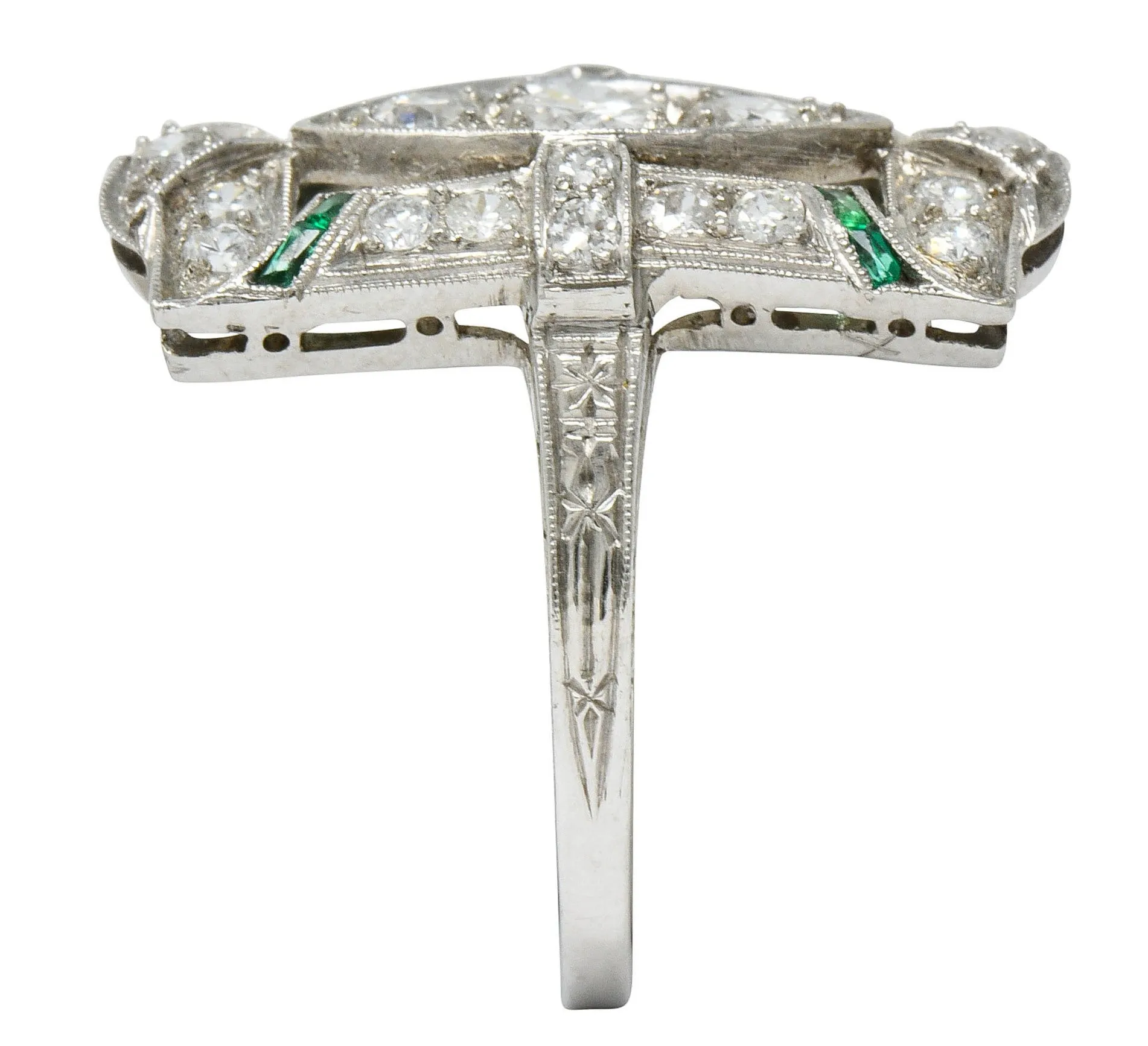 Art Deco 1.15 CTW Diamond Emerald Platinum Dinner Ring