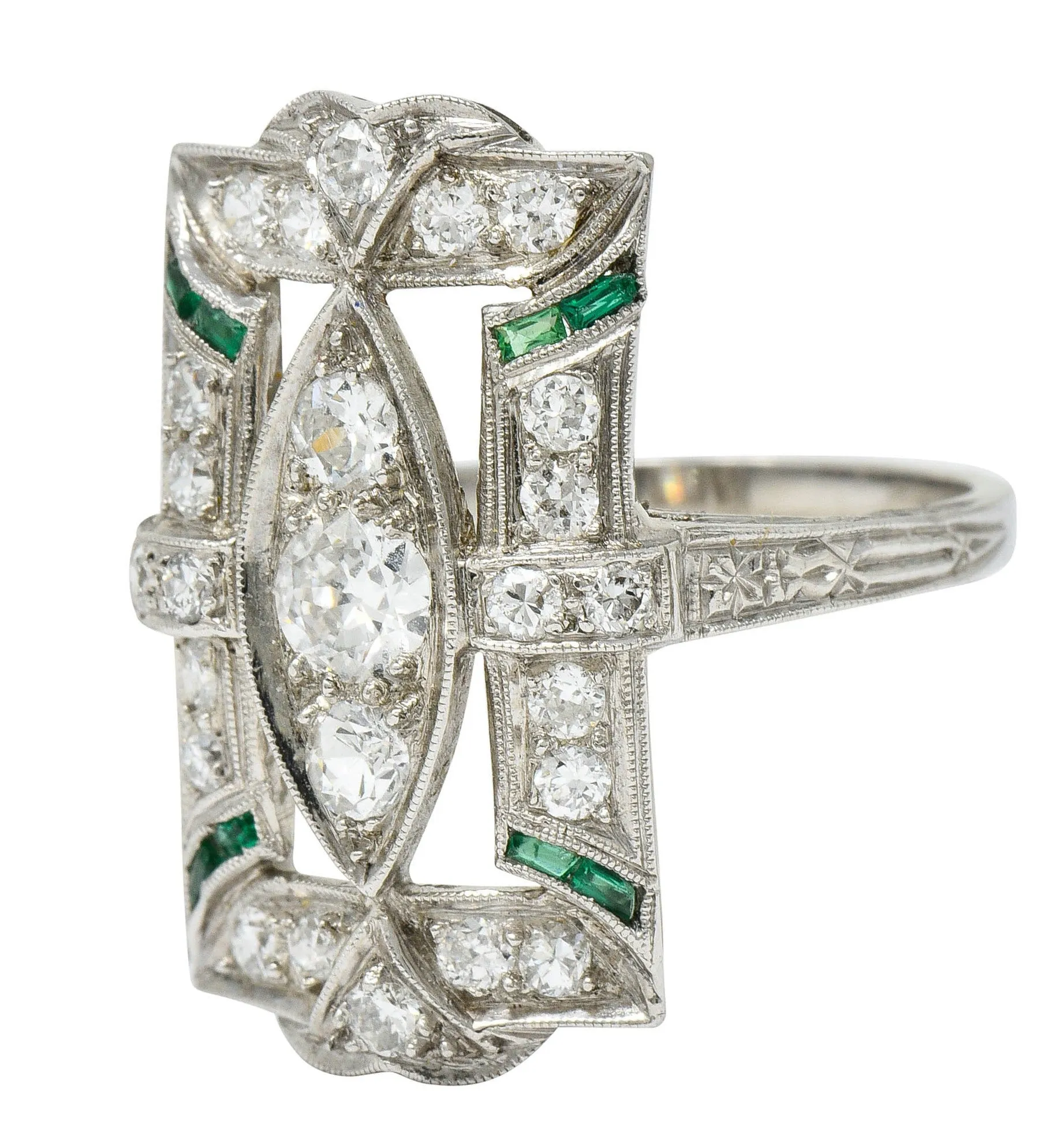 Art Deco 1.15 CTW Diamond Emerald Platinum Dinner Ring