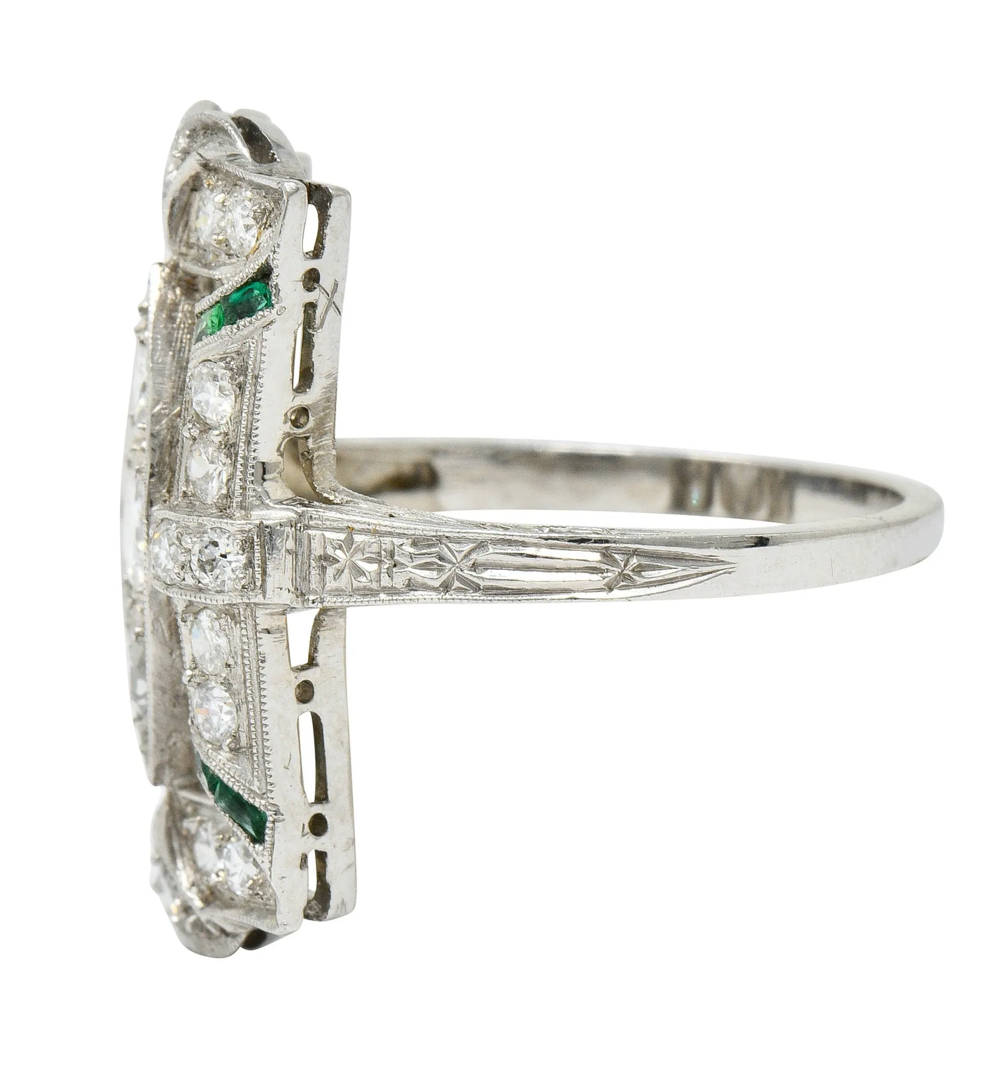 Art Deco 1.15 CTW Diamond Emerald Platinum Dinner Ring