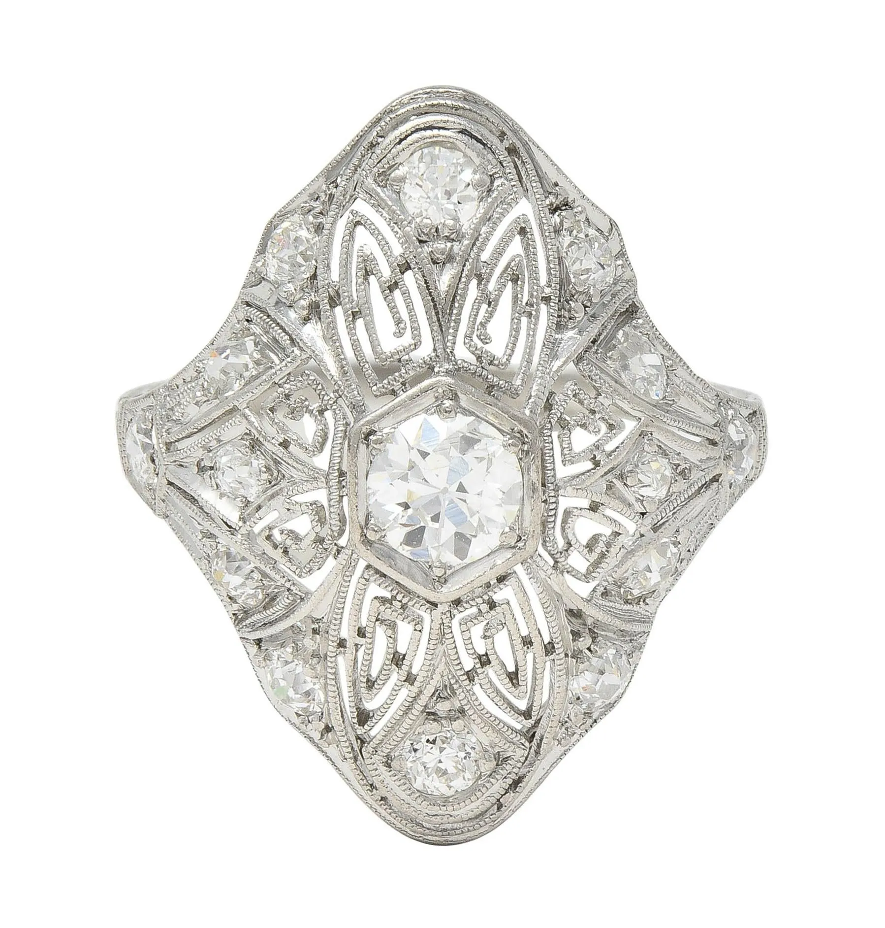 Art Deco 1.15 CTW Diamond Platinum Vintage Greek Key Navette Ring