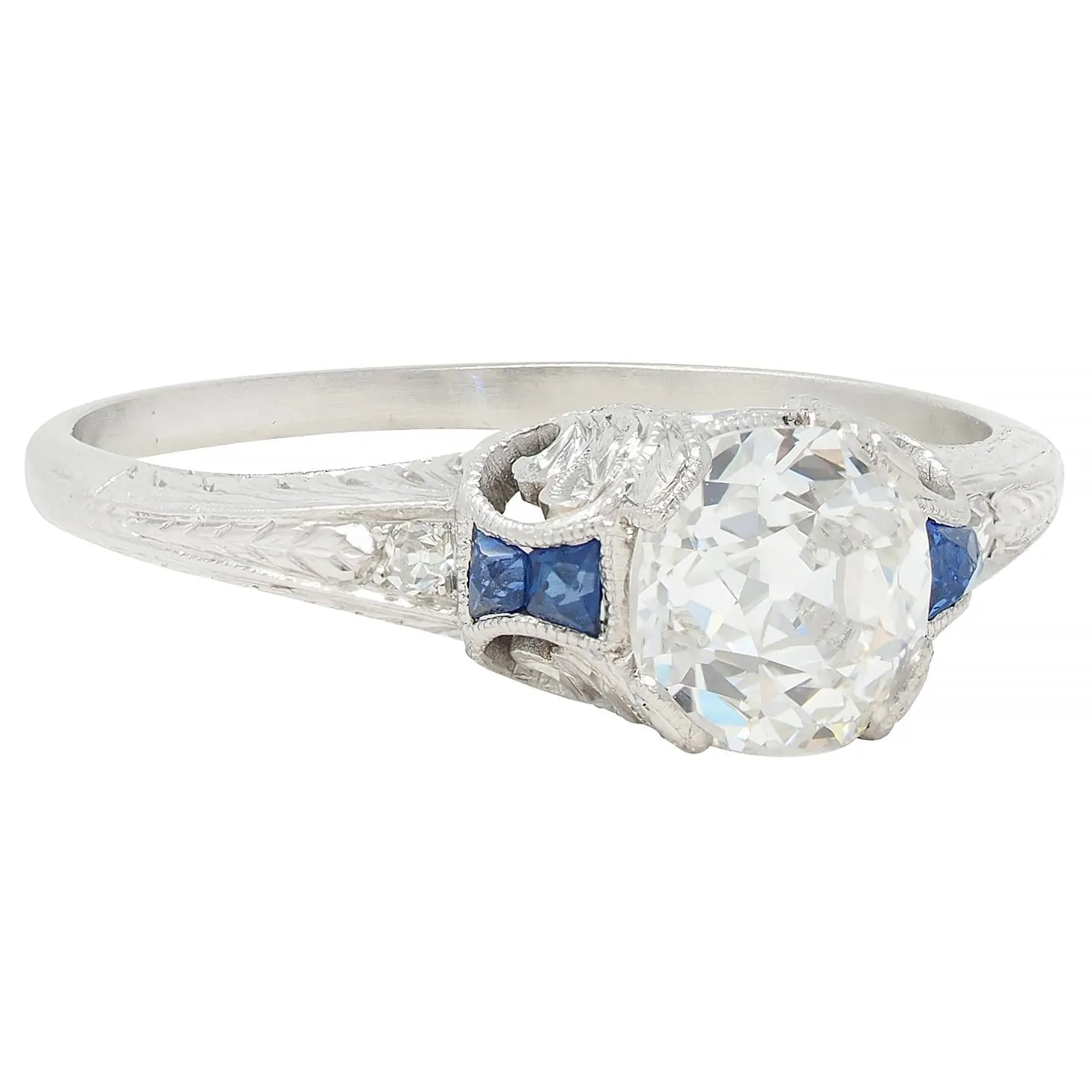 Art Deco 1.15 CTW Old Mine Diamond Sapphire Platinum Foliate Vintage Engagement Ring GIA