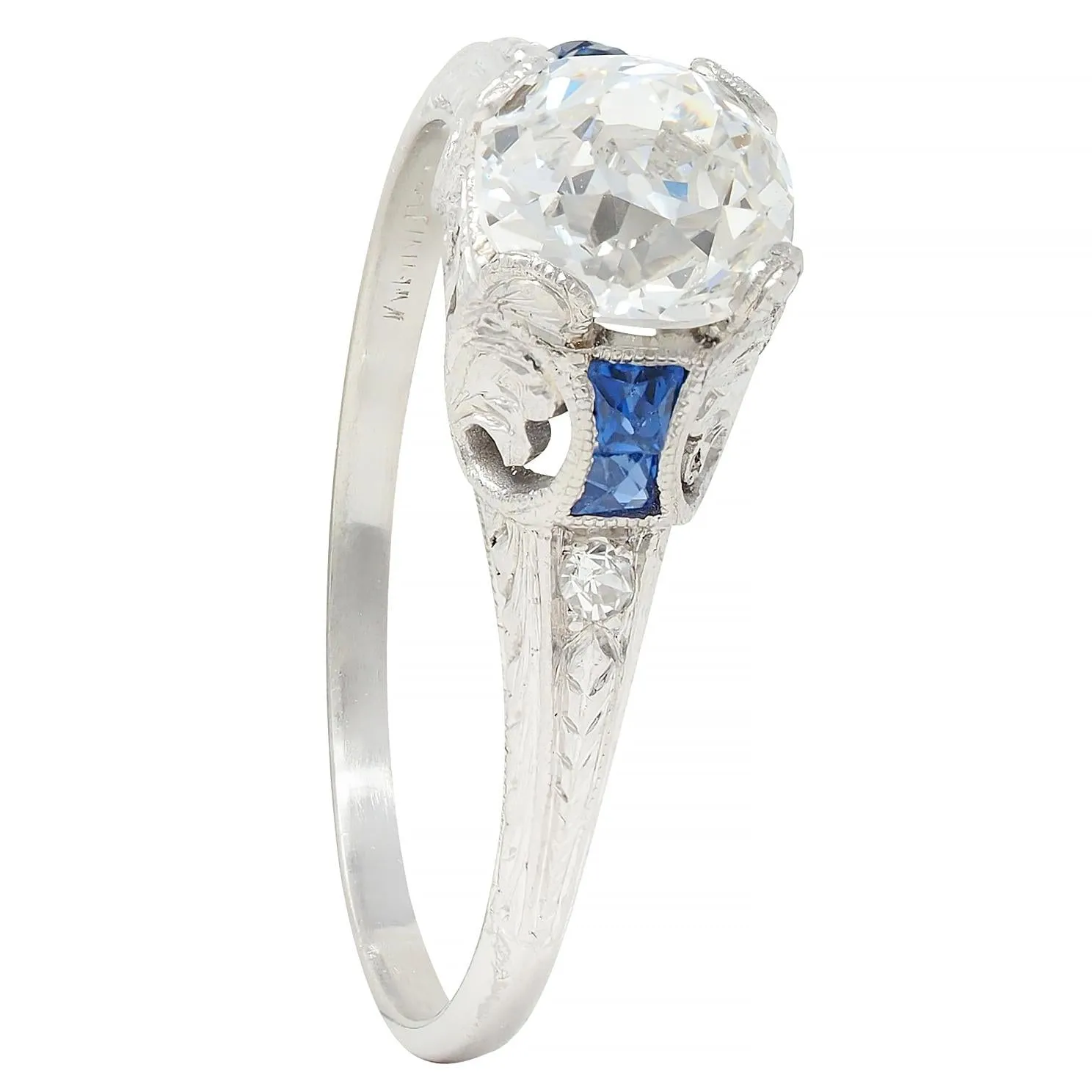 Art Deco 1.15 CTW Old Mine Diamond Sapphire Platinum Foliate Vintage Engagement Ring GIA