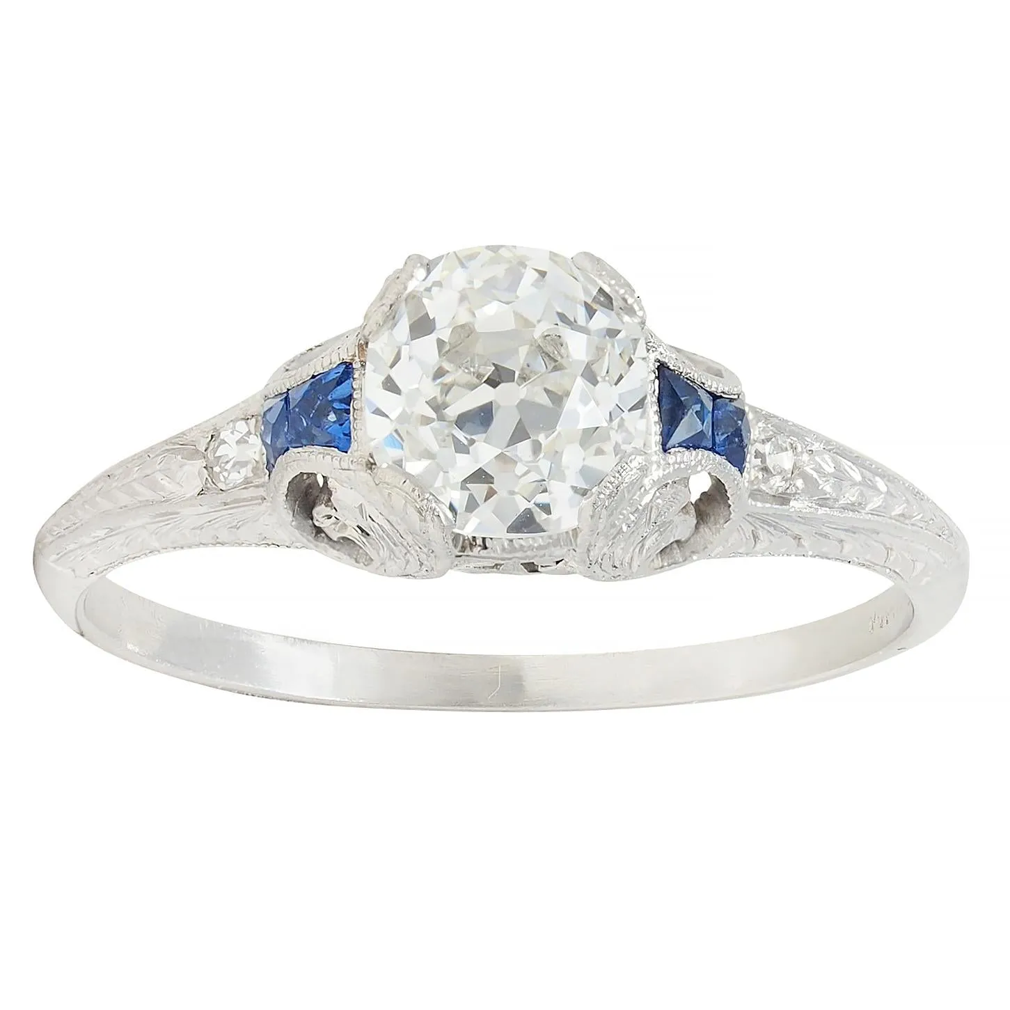 Art Deco 1.15 CTW Old Mine Diamond Sapphire Platinum Foliate Vintage Engagement Ring GIA