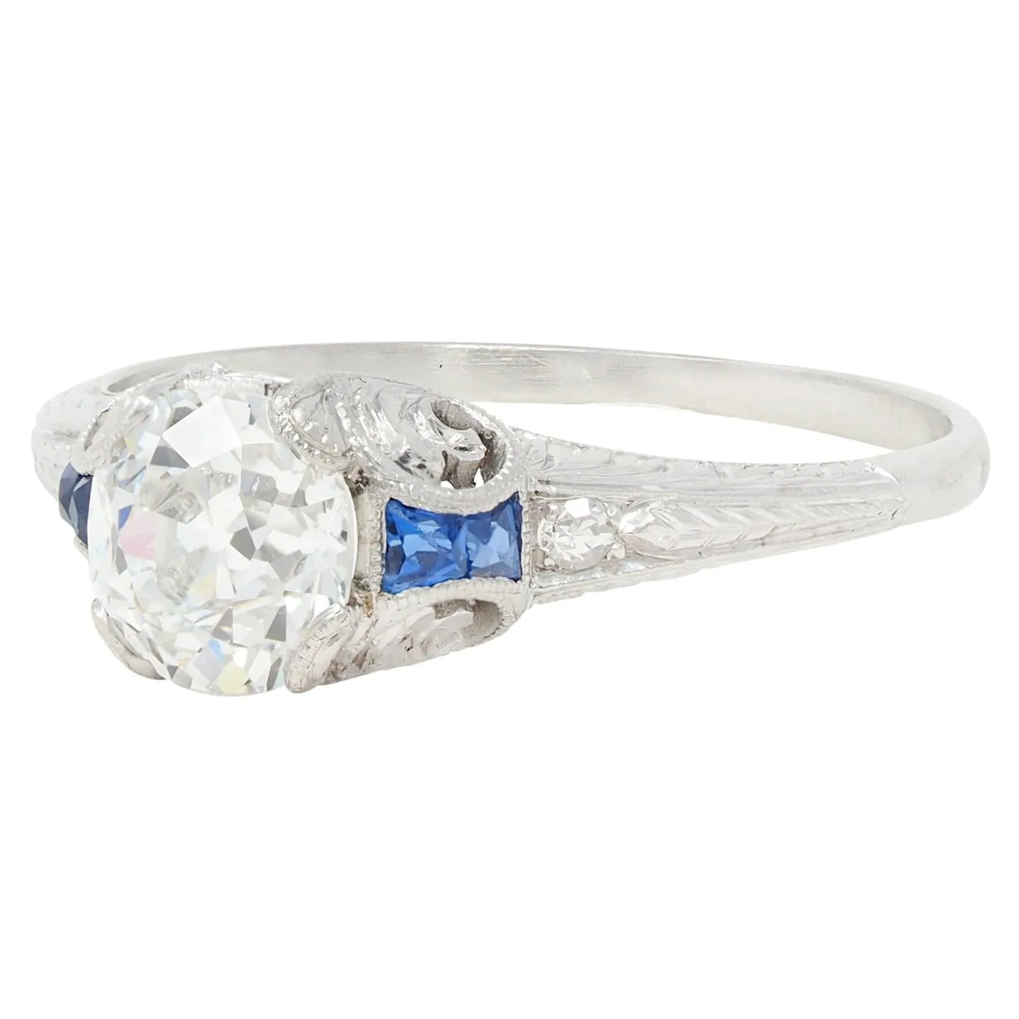 Art Deco 1.15 CTW Old Mine Diamond Sapphire Platinum Foliate Vintage Engagement Ring GIA
