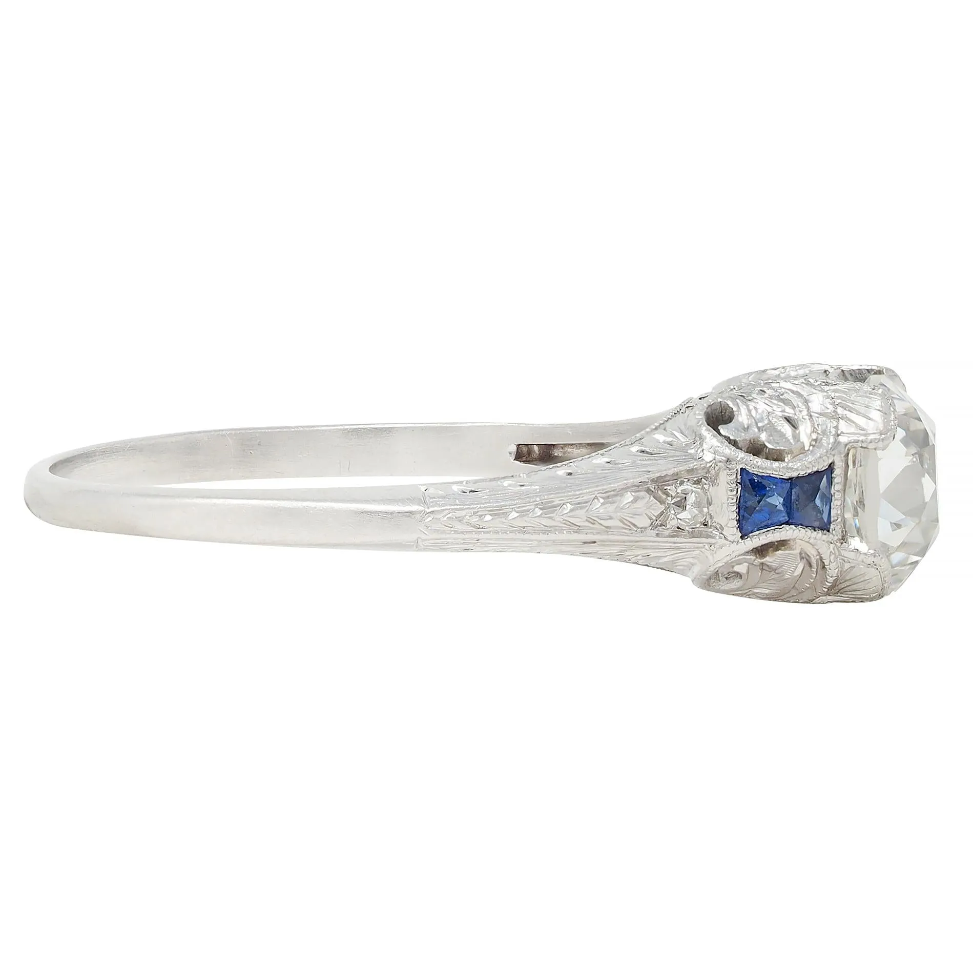 Art Deco 1.15 CTW Old Mine Diamond Sapphire Platinum Foliate Vintage Engagement Ring GIA