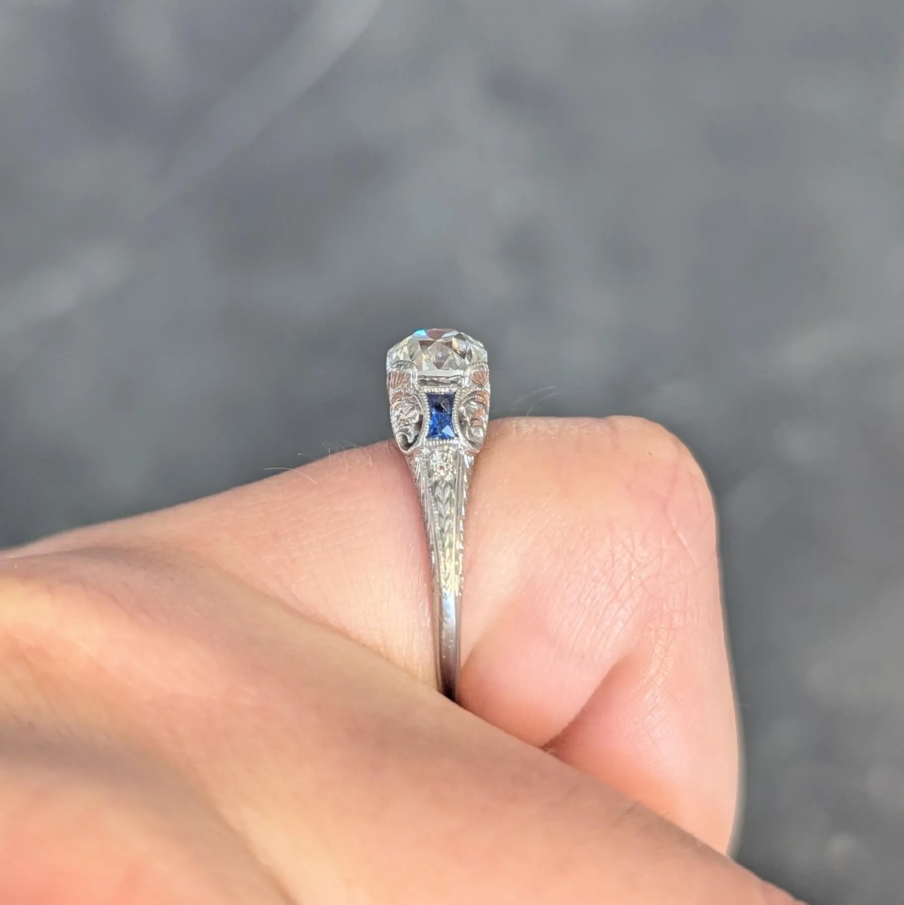 Art Deco 1.15 CTW Old Mine Diamond Sapphire Platinum Foliate Vintage Engagement Ring GIA
