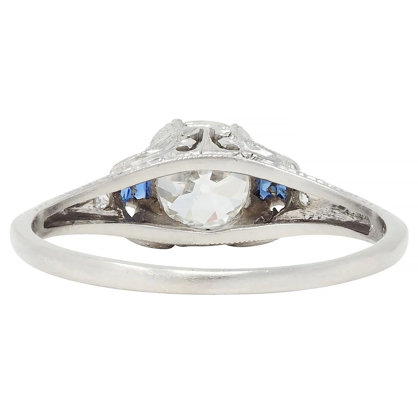 Art Deco 1.15 CTW Old Mine Diamond Sapphire Platinum Foliate Vintage Engagement Ring GIA