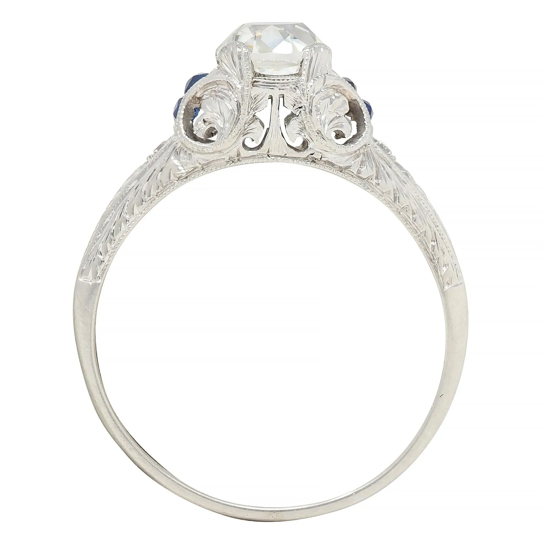 Art Deco 1.15 CTW Old Mine Diamond Sapphire Platinum Foliate Vintage Engagement Ring GIA