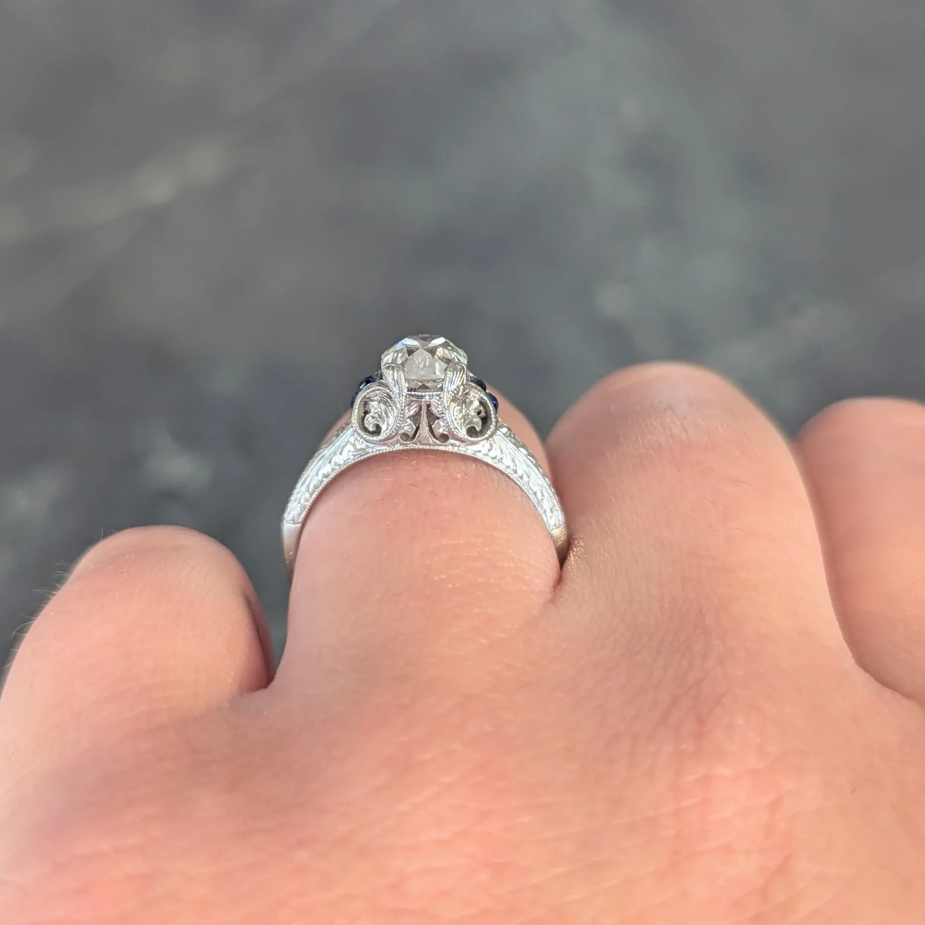Art Deco 1.15 CTW Old Mine Diamond Sapphire Platinum Foliate Vintage Engagement Ring GIA
