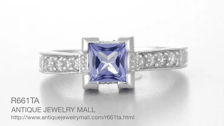 Art Deco 1/2 Carat Princess Cut Lilac Tanzanite and Diamond Engagement Ring in 18 Karat White Gold