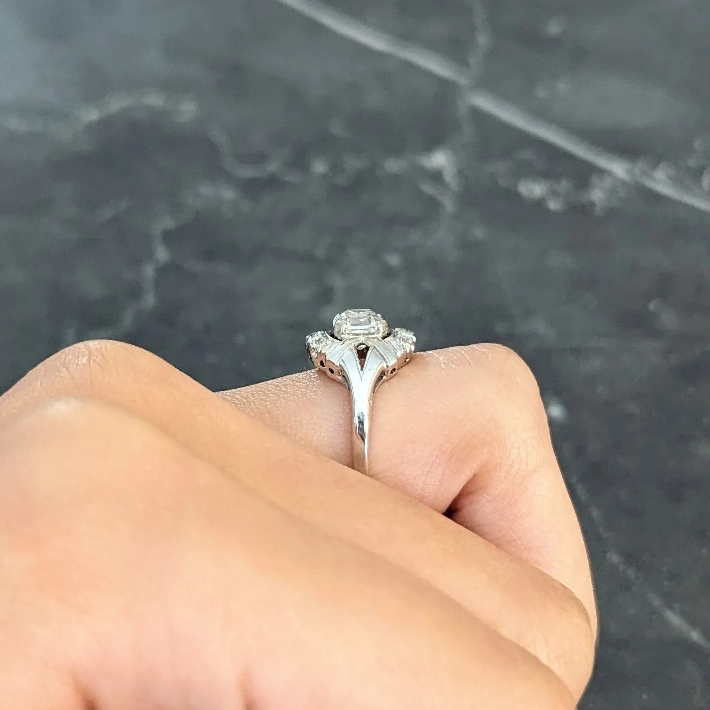 Art Deco 1.20 CTW Asscher Cut Diamond 14 Karat White Gold Cluster Antique Alternative Ring
