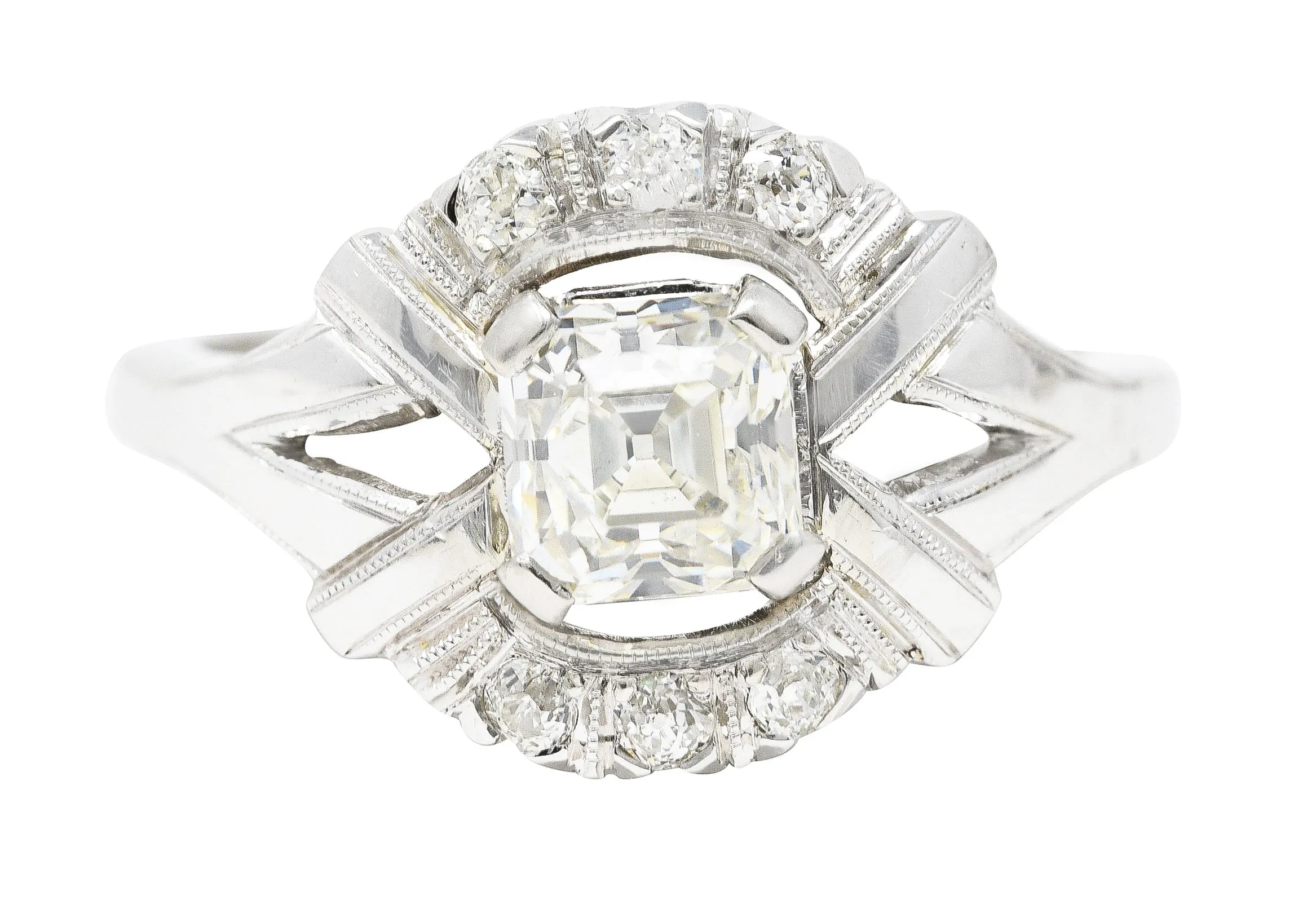 Art Deco 1.20 CTW Asscher Cut Diamond 14 Karat White Gold Cluster Antique Alternative Ring