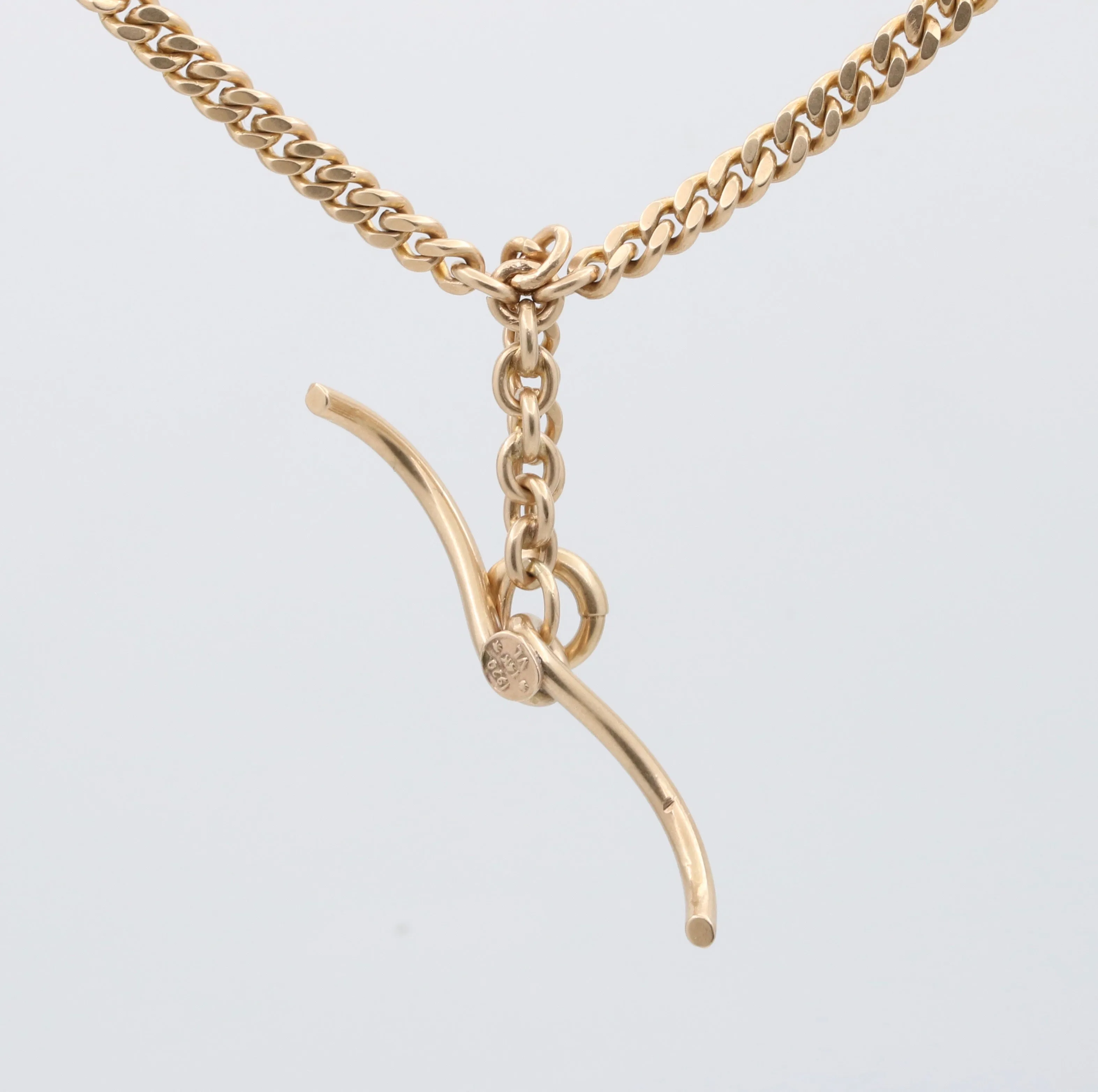 Art Deco 14K Gold Flat Curb Link “1920” Watch Chain, 21.25” Long