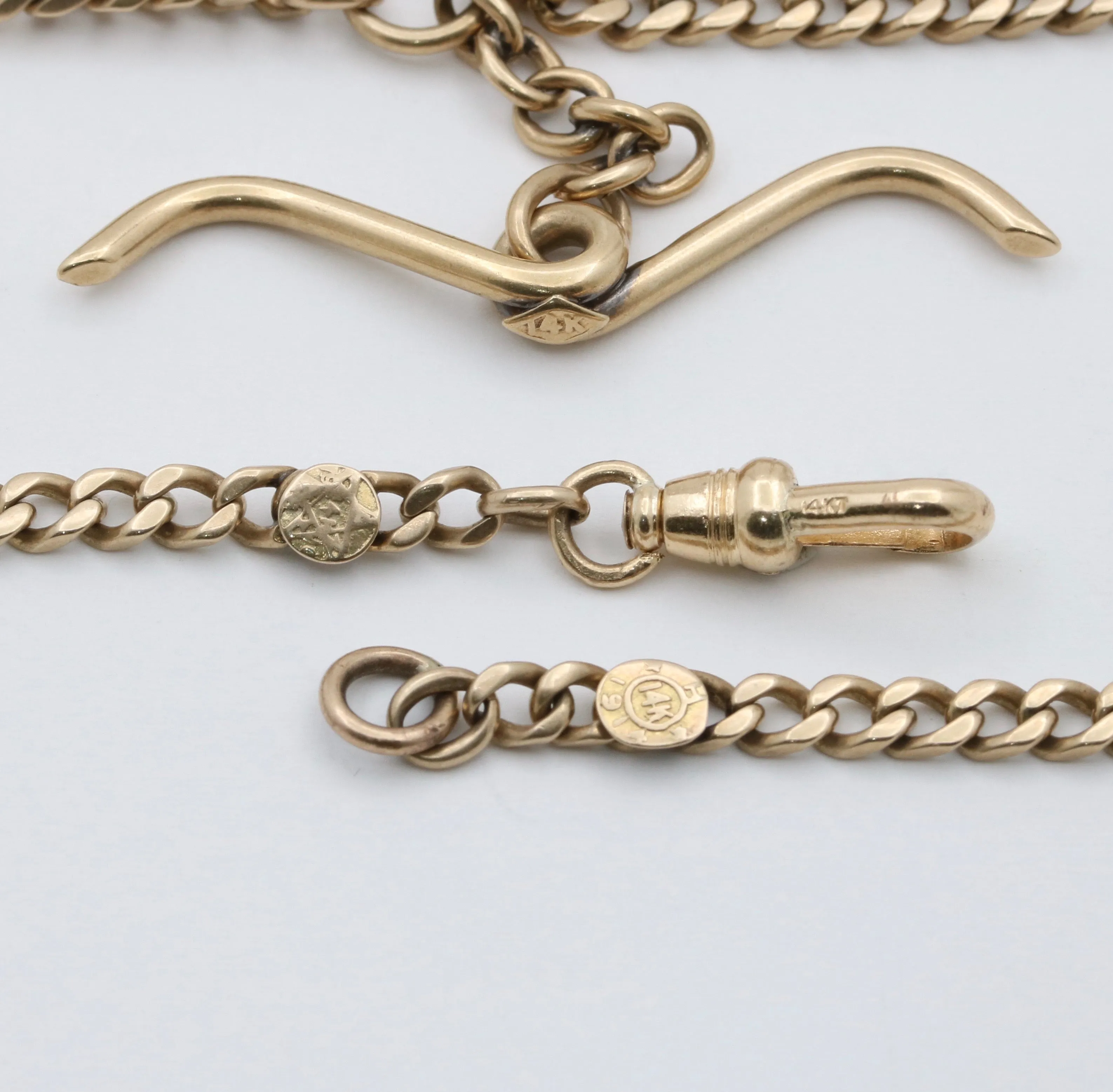 Art Deco 14K Gold Flat Curb Link Watch Chain, Circa 1914