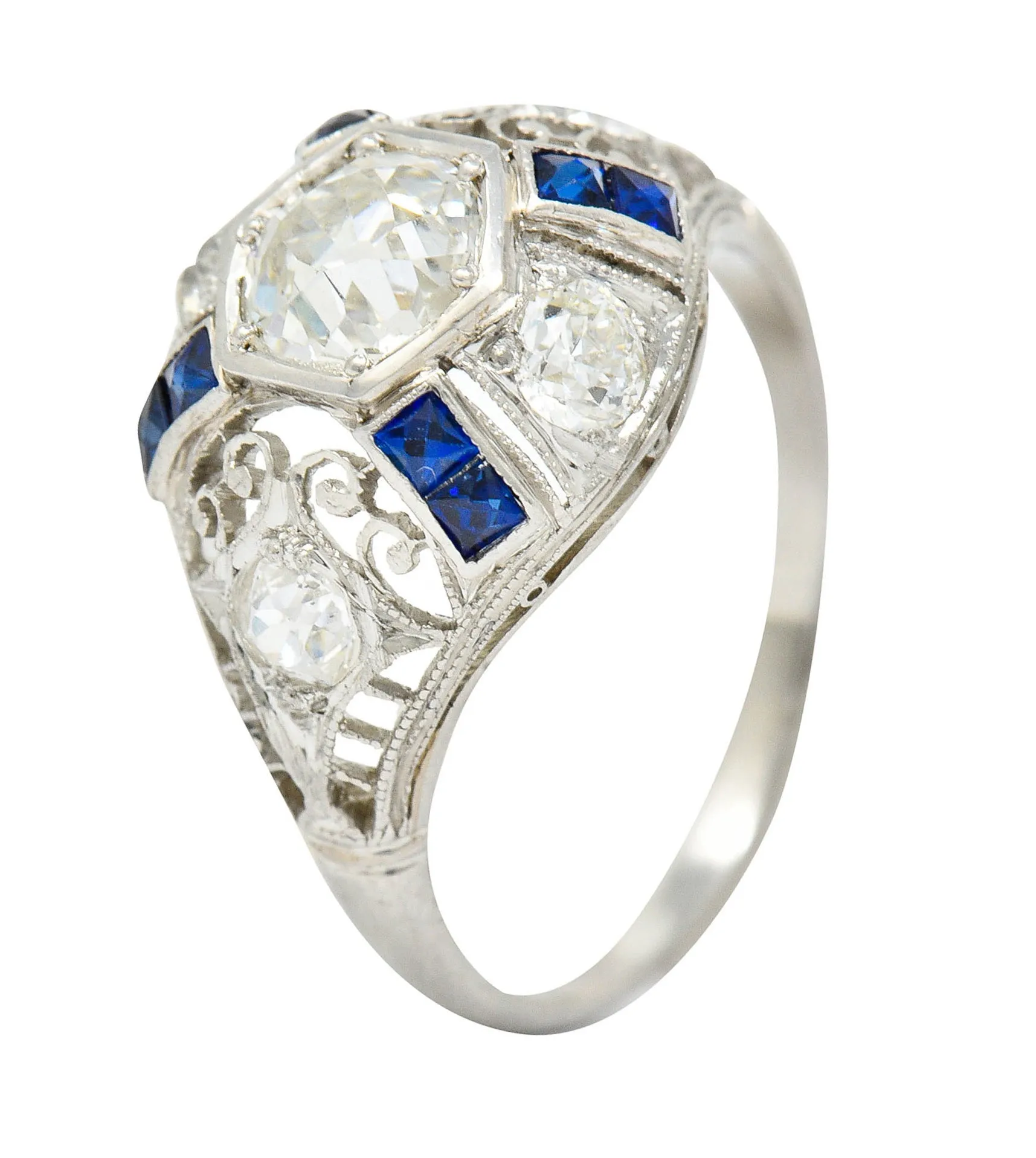 Art Deco 1.85 CTW Diamond Sapphire Platinum Hexagonal Filigree Engagement Ring