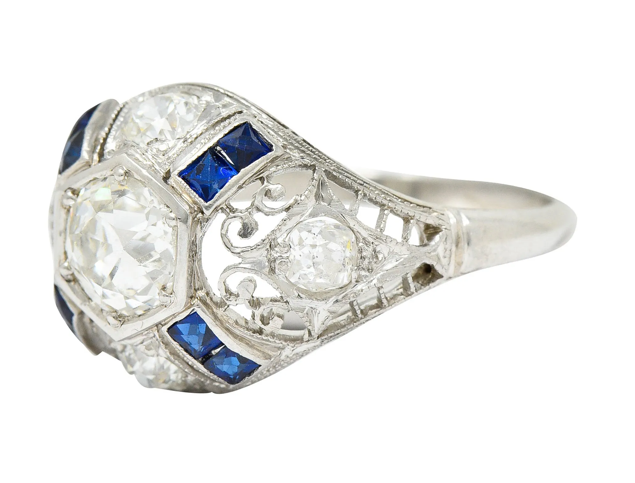 Art Deco 1.85 CTW Diamond Sapphire Platinum Hexagonal Filigree Engagement Ring