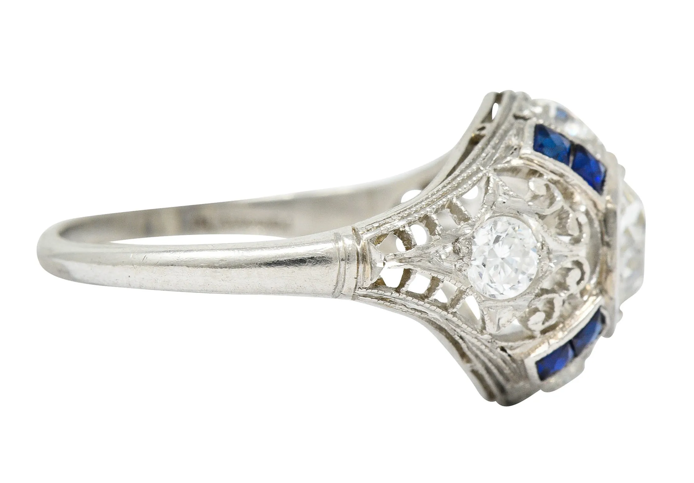 Art Deco 1.85 CTW Diamond Sapphire Platinum Hexagonal Filigree Engagement Ring