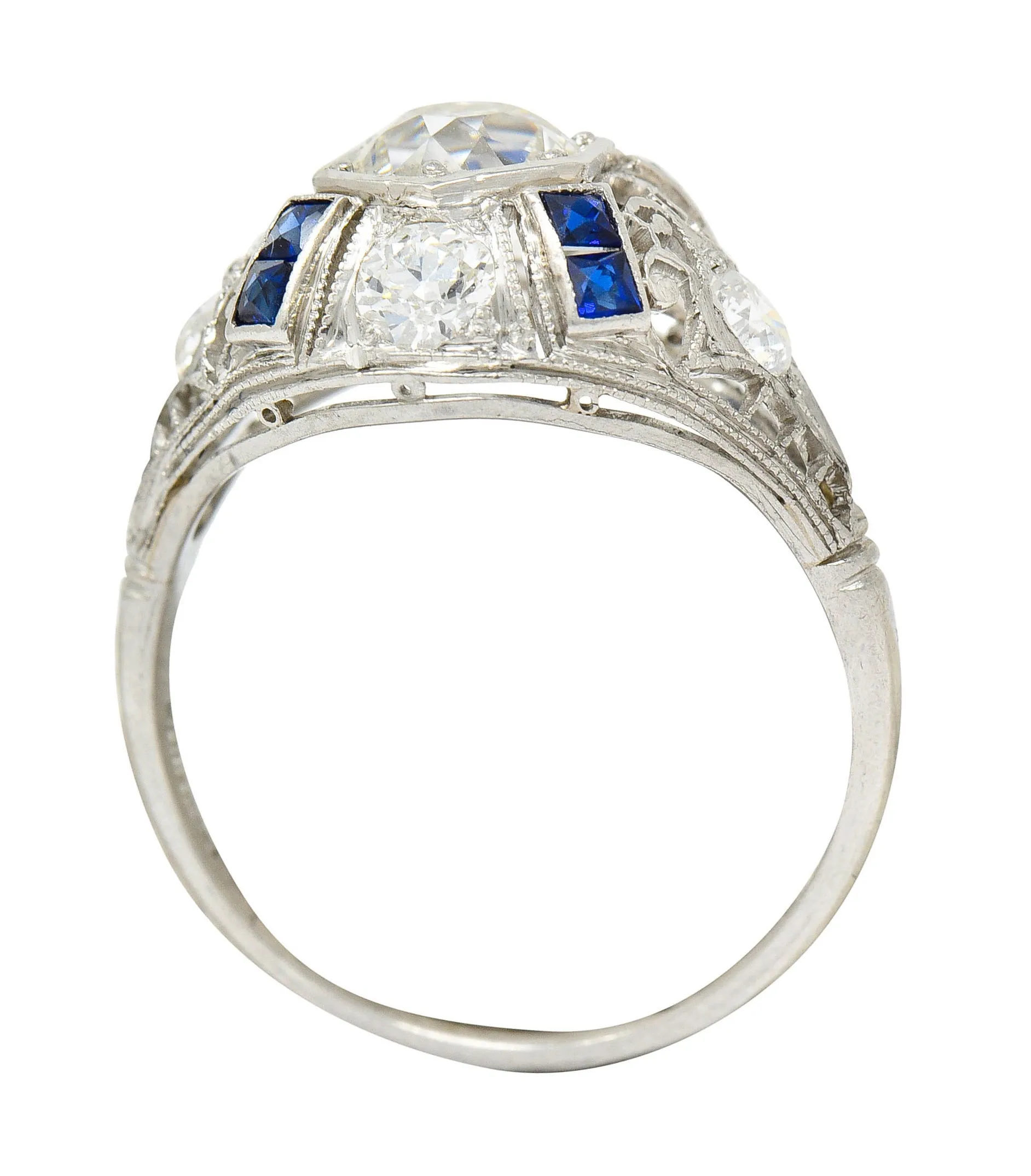 Art Deco 1.85 CTW Diamond Sapphire Platinum Hexagonal Filigree Engagement Ring