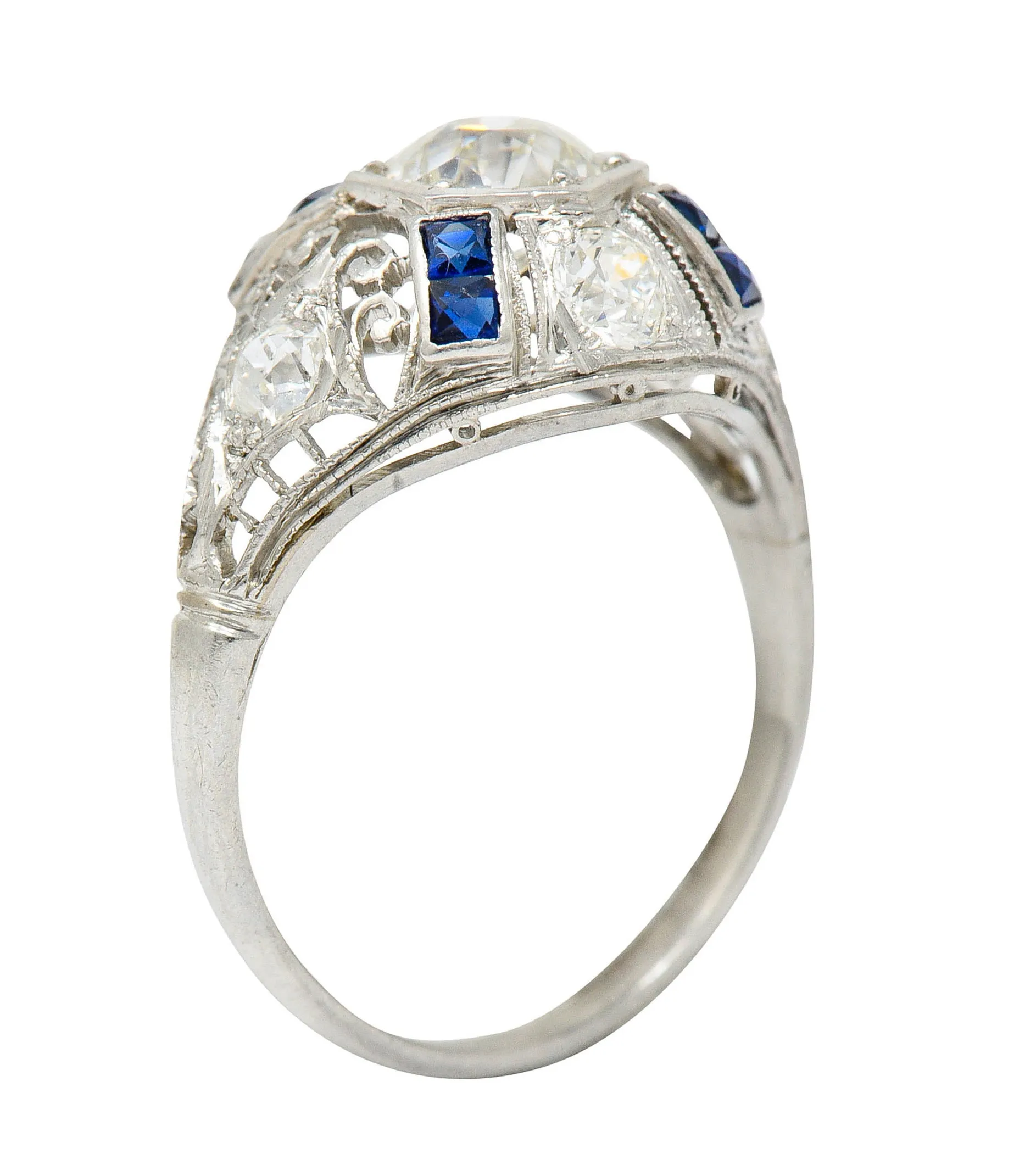 Art Deco 1.85 CTW Diamond Sapphire Platinum Hexagonal Filigree Engagement Ring