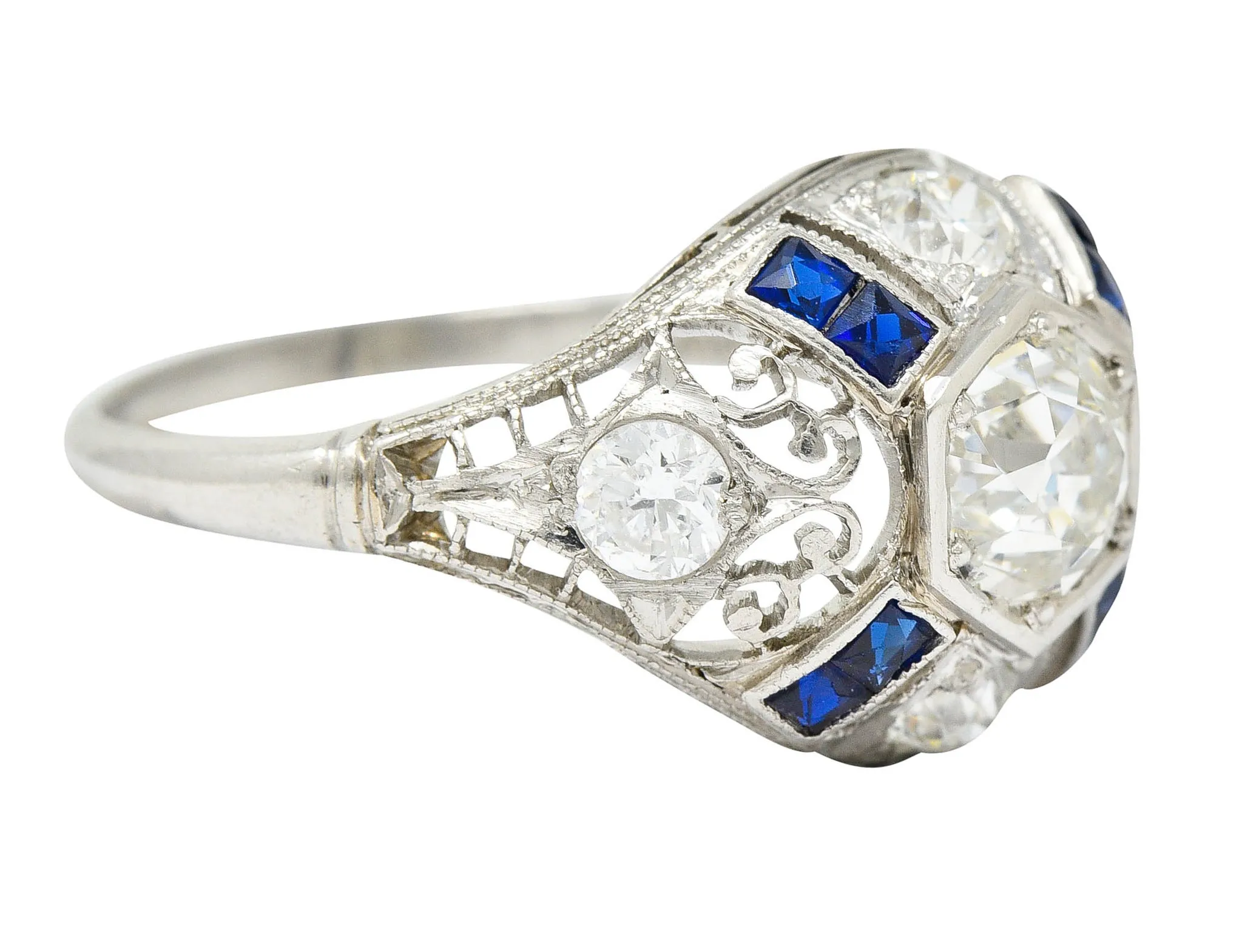 Art Deco 1.85 CTW Diamond Sapphire Platinum Hexagonal Filigree Engagement Ring