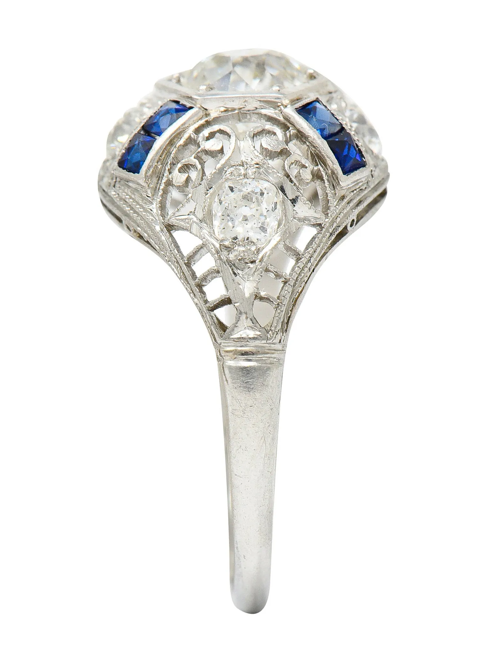 Art Deco 1.85 CTW Diamond Sapphire Platinum Hexagonal Filigree Engagement Ring