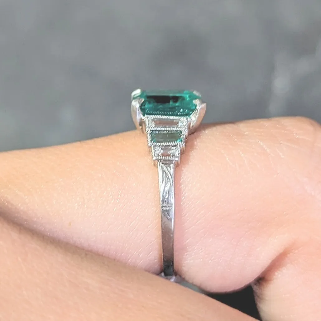 Art Deco 1.92 CTW Emerald Diamond Platinum Stepped Vintage Ring GIA