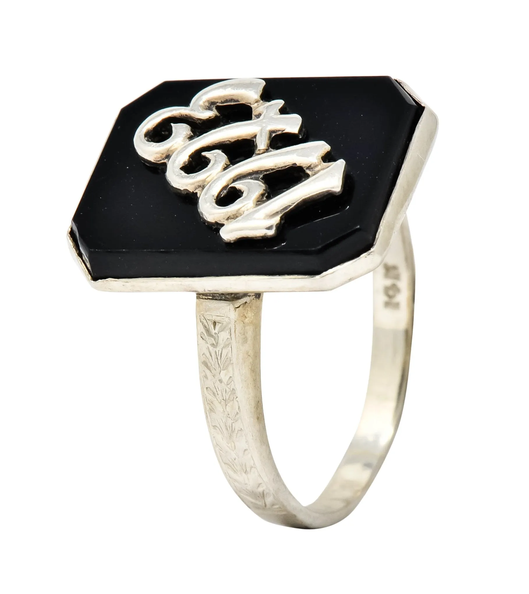 Art Deco 1923 Onyx Tablet 14 Karat White Gold Date Ring