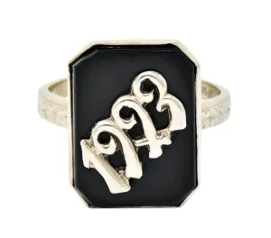 Art Deco 1923 Onyx Tablet 14 Karat White Gold Date Ring