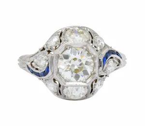 Art Deco 2.38 CTW Diamond Sapphire Platinum Dinner Engagement Ring