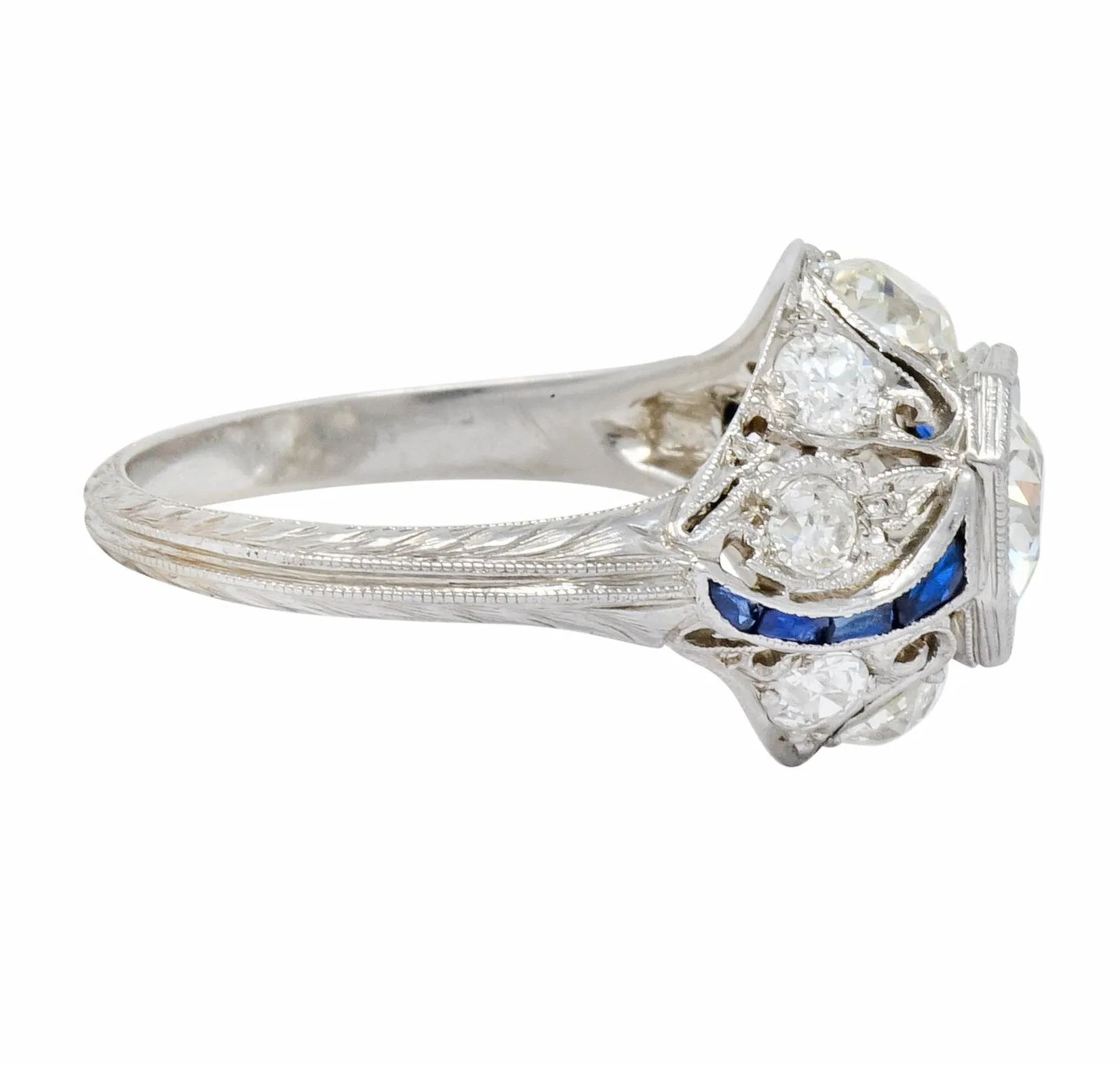 Art Deco 2.38 CTW Diamond Sapphire Platinum Dinner Engagement Ring