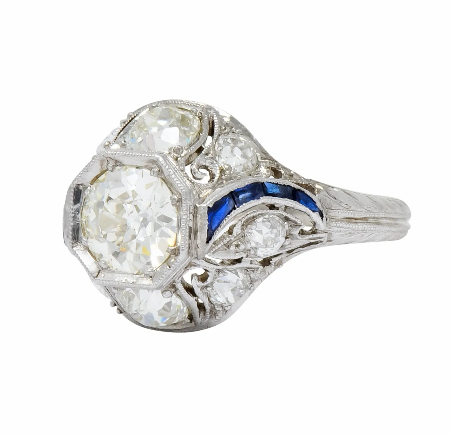 Art Deco 2.38 CTW Diamond Sapphire Platinum Dinner Engagement Ring