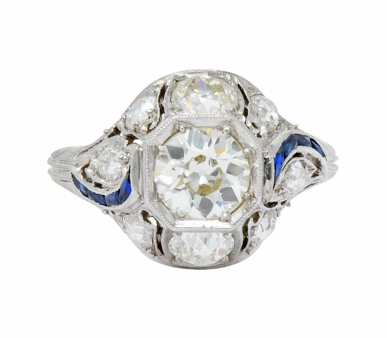 Art Deco 2.38 CTW Diamond Sapphire Platinum Dinner Engagement Ring