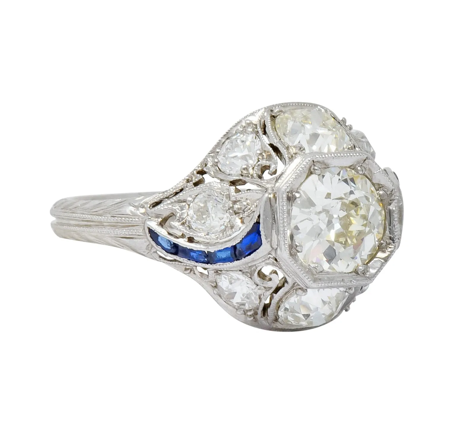 Art Deco 2.38 CTW Diamond Sapphire Platinum Dinner Engagement Ring