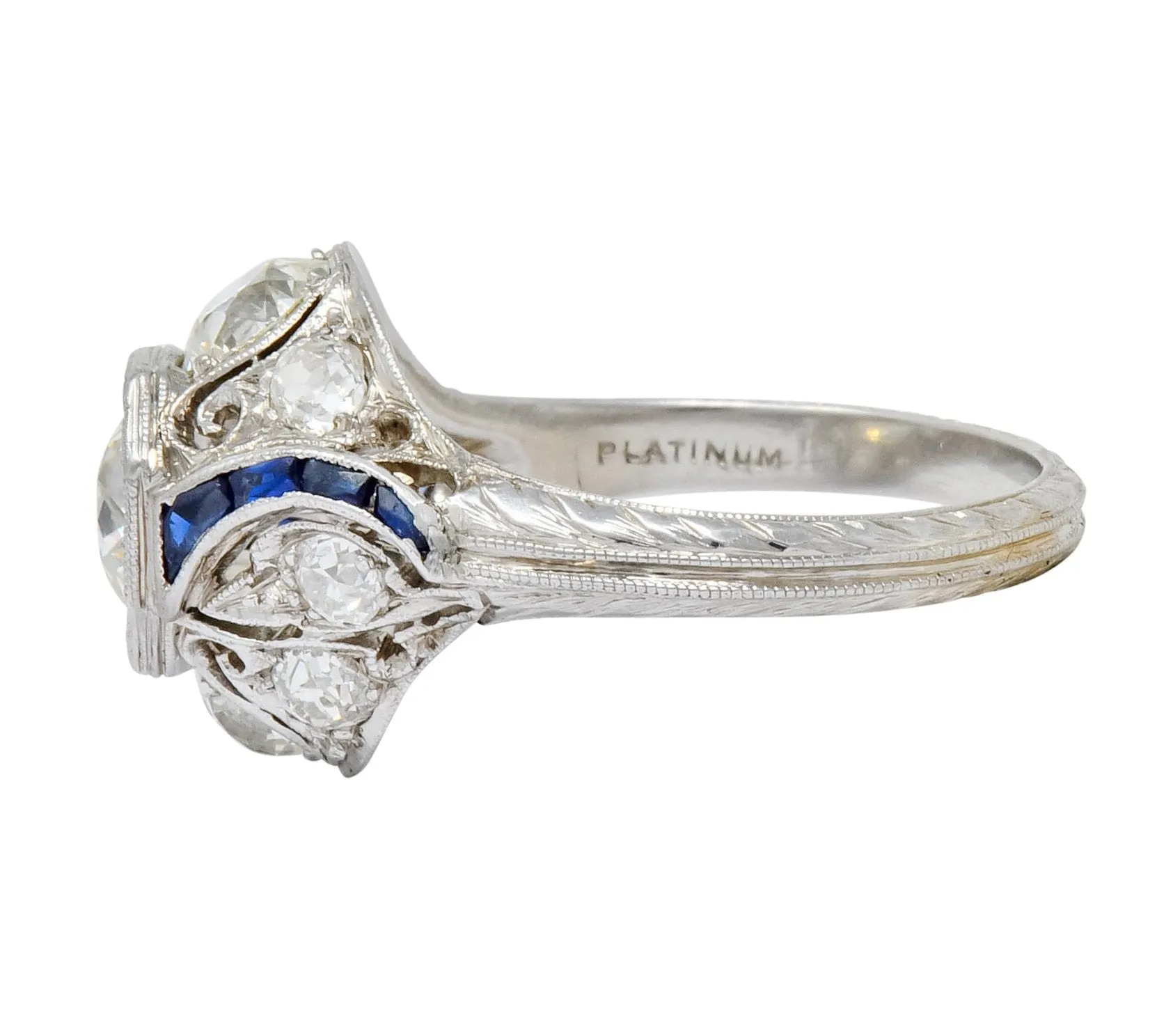 Art Deco 2.38 CTW Diamond Sapphire Platinum Dinner Engagement Ring