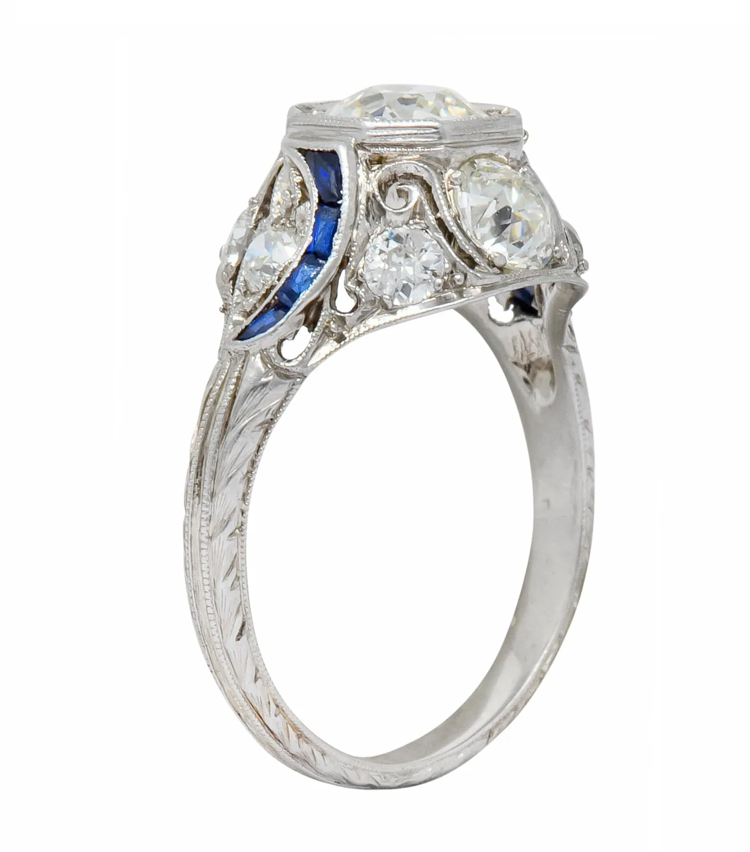 Art Deco 2.38 CTW Diamond Sapphire Platinum Dinner Engagement Ring