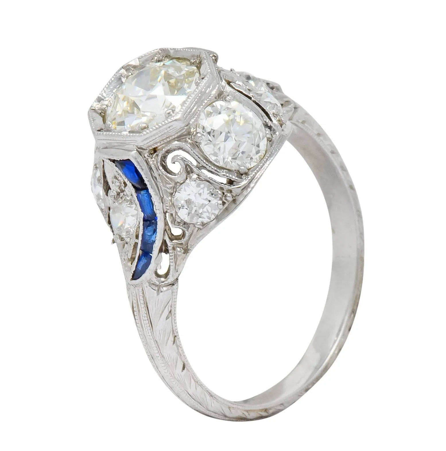 Art Deco 2.38 CTW Diamond Sapphire Platinum Dinner Engagement Ring
