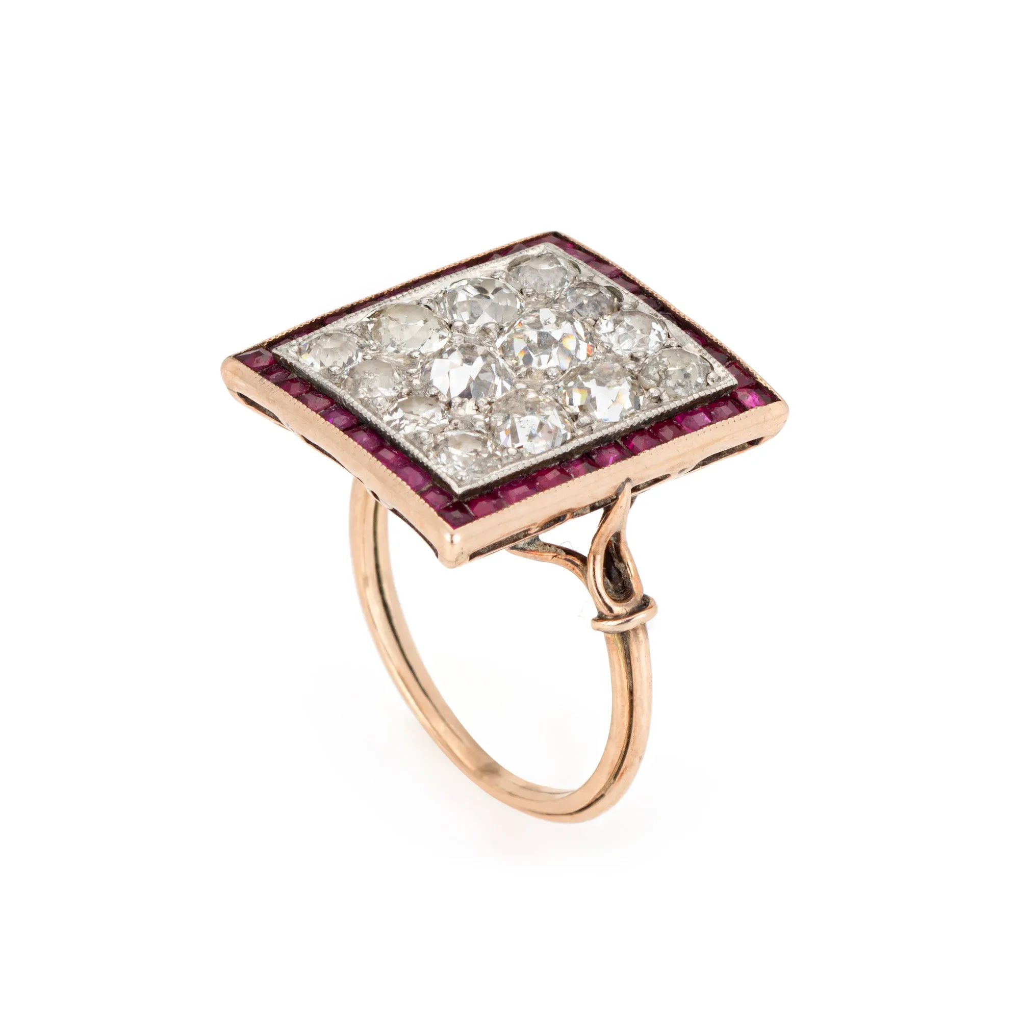 Art Deco 2.50ct Diamond Ruby Ring Cluster Vintage 14k Yellow Gold Square 6.75