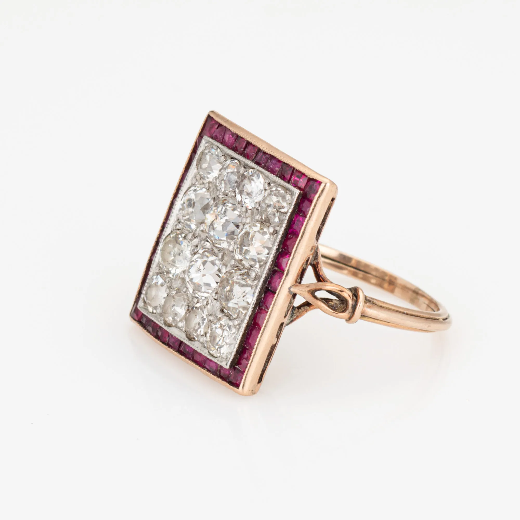 Art Deco 2.50ct Diamond Ruby Ring Cluster Vintage 14k Yellow Gold Square 6.75