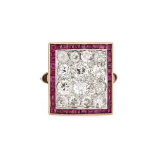 Art Deco 2.50ct Diamond Ruby Ring Cluster Vintage 14k Yellow Gold Square 6.75