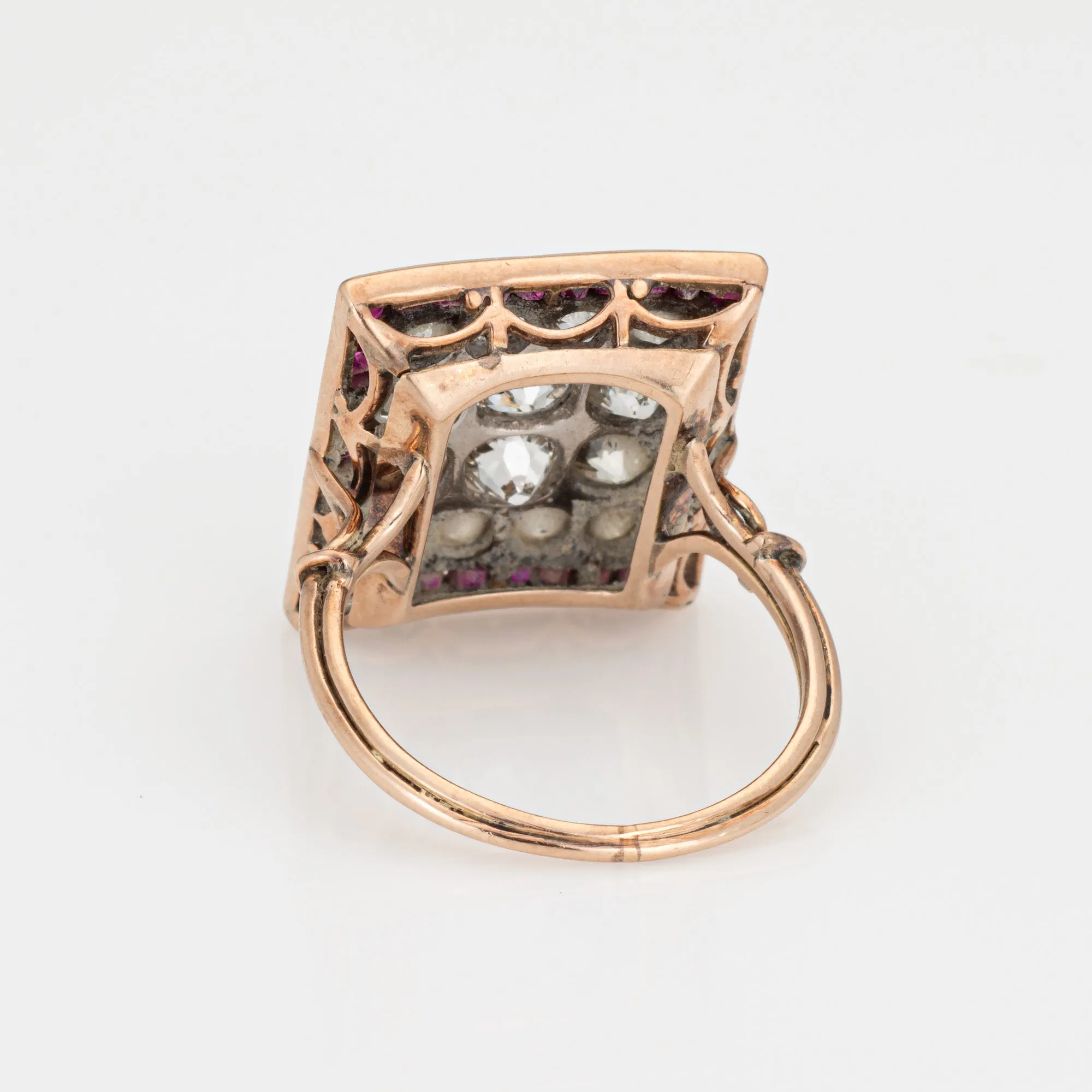 Art Deco 2.50ct Diamond Ruby Ring Cluster Vintage 14k Yellow Gold Square 6.75
