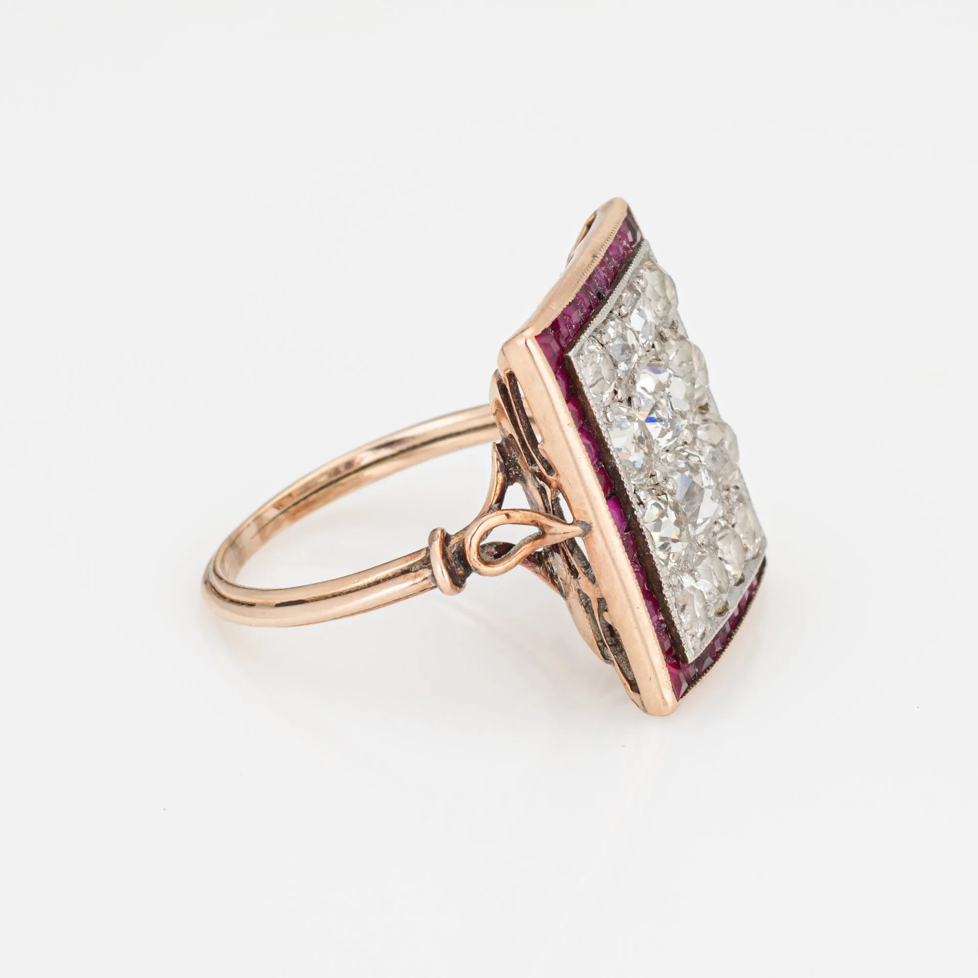 Art Deco 2.50ct Diamond Ruby Ring Cluster Vintage 14k Yellow Gold Square 6.75